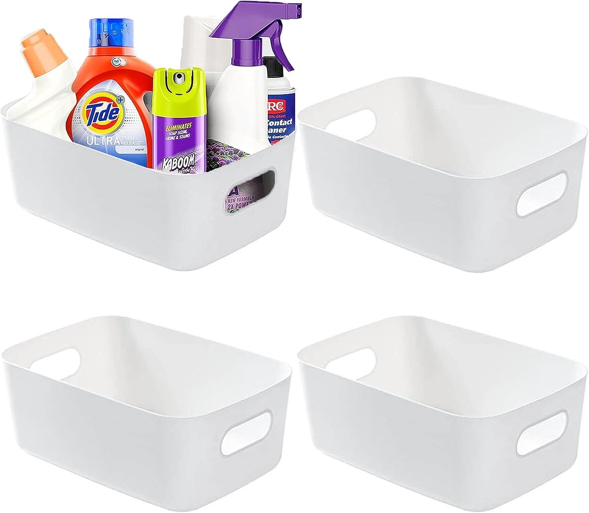 Set van 4 plastic opbergmanden, kantoor huis en keuken netjes organizer, studiomanden met handvat, rechthoekige opbergmand voor thuis, keuken, badkamer, kantoor (wit)