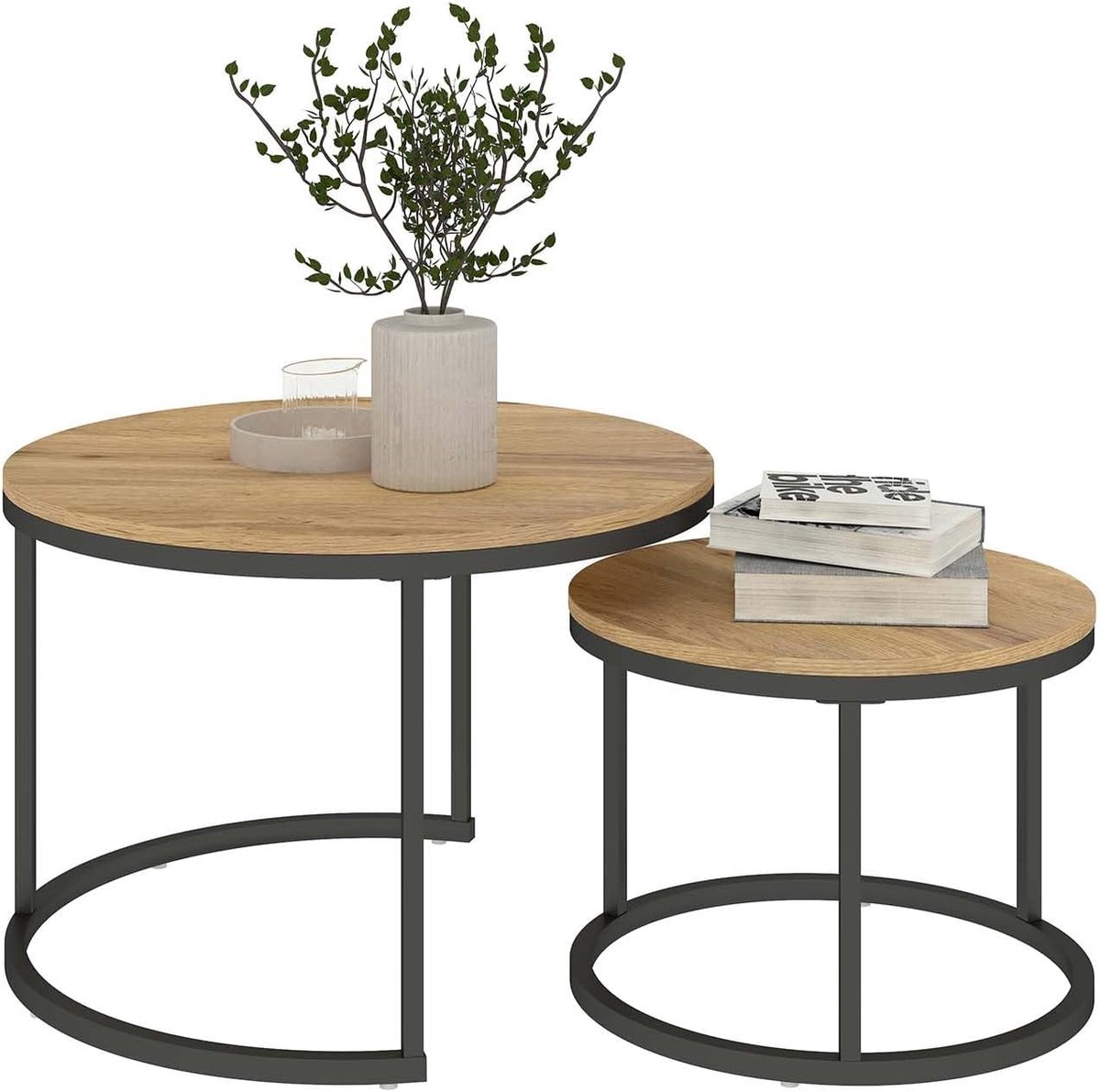 Set van 2 ronde salontafels, woonkamertafel hout, tafels voor woonkamer, metalen poten, moderne tafelbank, Ø70 x 45 + Ø50 x 35 cm (zwart + lichtbruin)