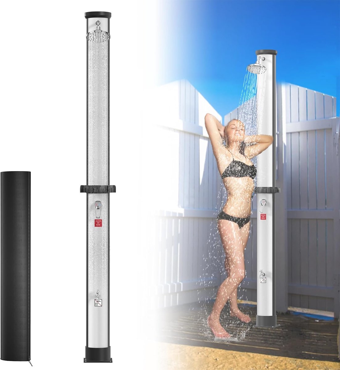 35L Solar Tuindouche Systeem Watertemperatuur tot 60℃ Solar Douche met 180° Roterende Regendouchekop en Tuinslang Aansluiting Buitendouche voor Camping Tuin Buiten (Zilver + Zwart)
