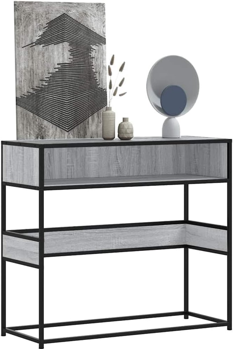 Consoletafel grijs Sonoma 90 x 35 x 80 cm, houten materiaal met opbergruimte en metalen frame voor woonkamer, hal, slaapkamer
