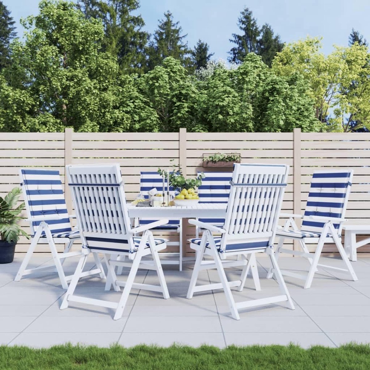 Kussens met hoge rugleuning, 6 stuks, blauw wit gestreept, waterdichte zitkussens van polyester met UV-bestendigheid, gevuld met schuimvezels voor comfort, antislip door koorden