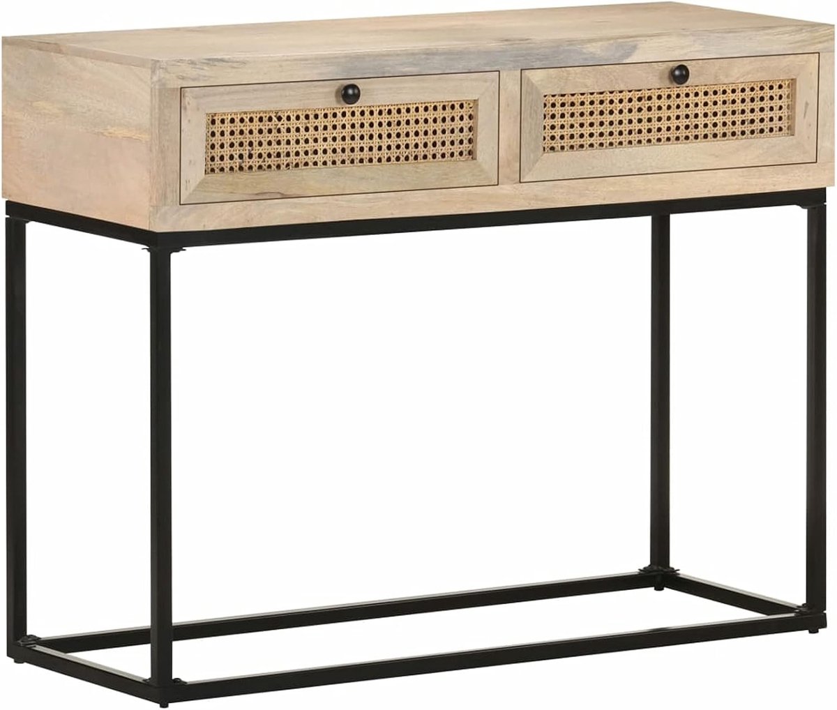 Consoletafel, console, gangtafel, bijzettafel, telefoontafel, 100 x 35 x 76 cm, met laden, houten tafel, dressoir, highboard, kaptafel, massief mangohout, gevlochten buizen