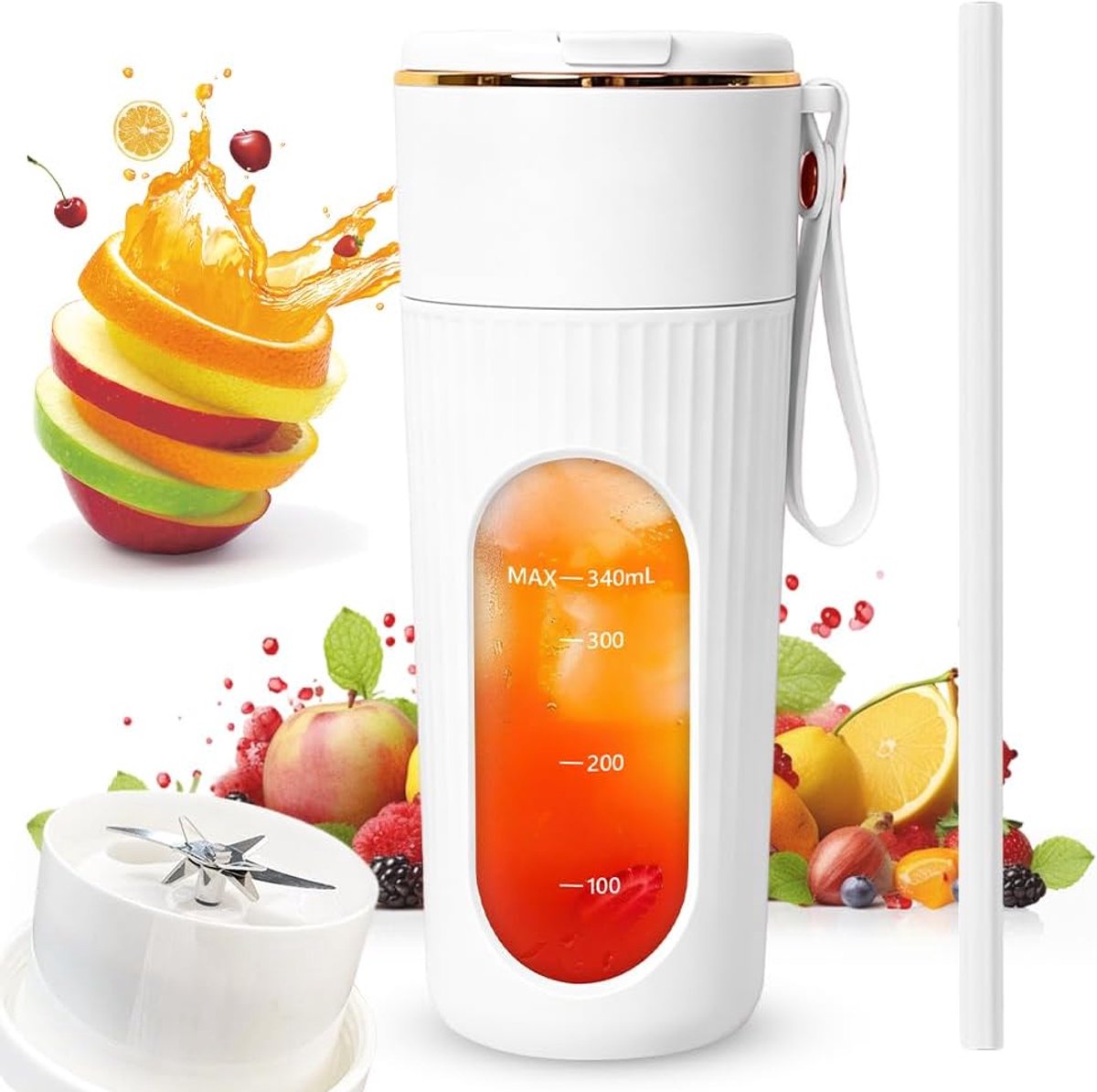 Mixer, 340 ml, persoonlijke smoothiemaker met lcd-display en 14 messen, Fresh Juice Mixer fles met drinkopening, USB-oplaadbaar, mini-mixer voor reizen, kantoor, thuis (wit)