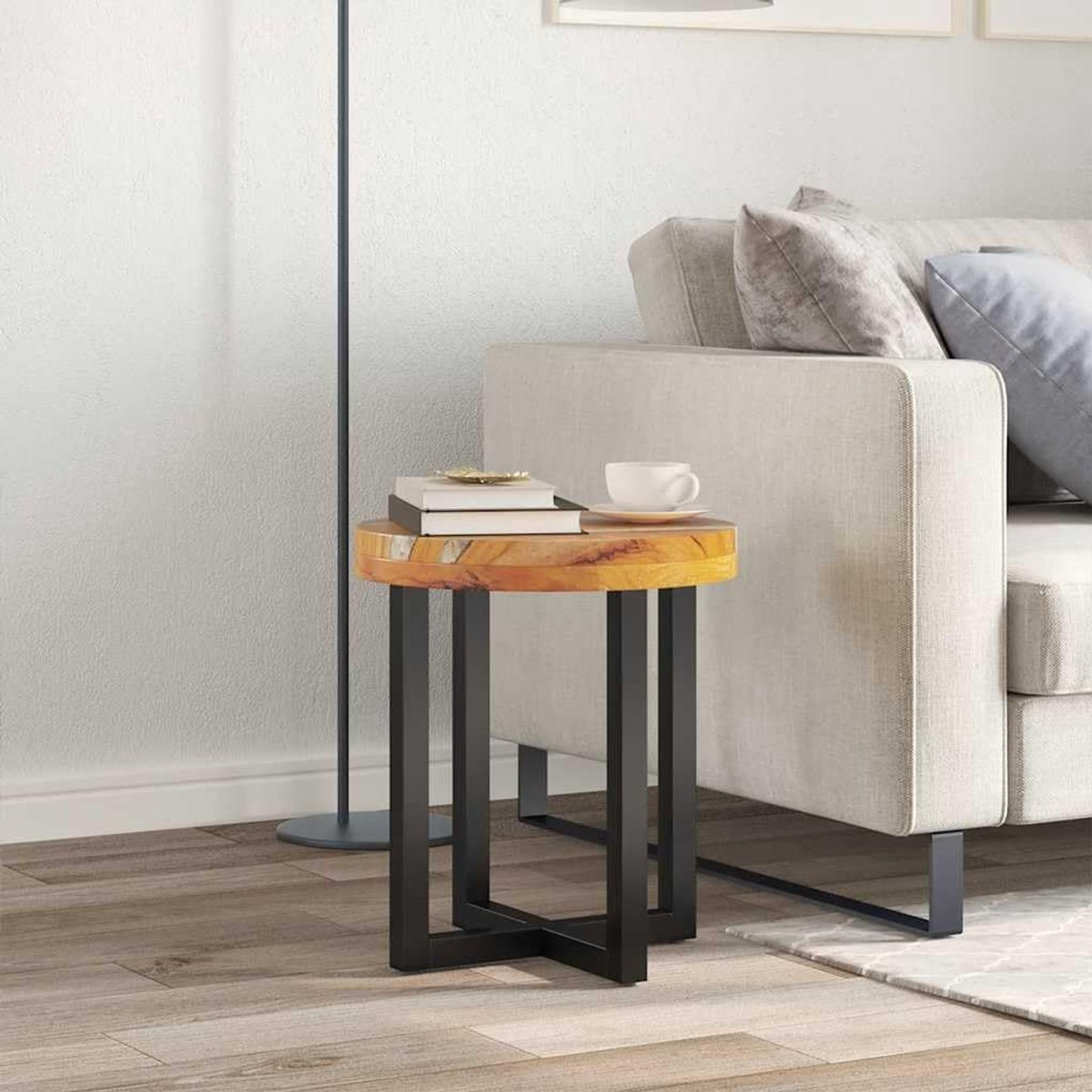 Salontafel van massief teakhout en polyhars, ronde salontafel van teakhout en handvat, handgemaakt van massief hout met decoratieve basis, 40 x 45 cm