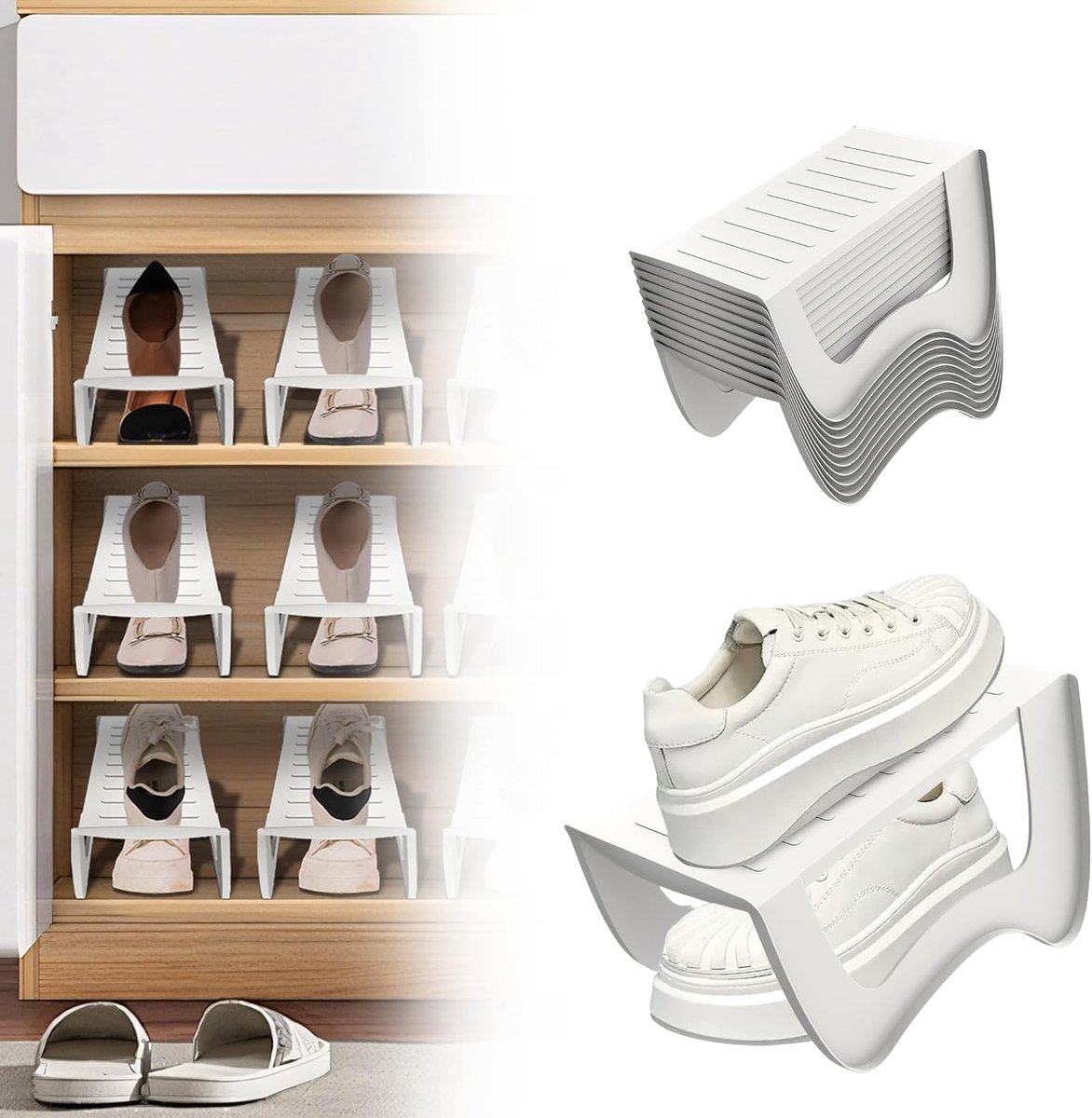 Schoenenorganizer, set van 10 stuks, wit, 2 verdiepingen, van robuust PP-kunststof, antislip schoenenrek voor sneakers, hoge hakken, schoenenopslag voor hal en kast