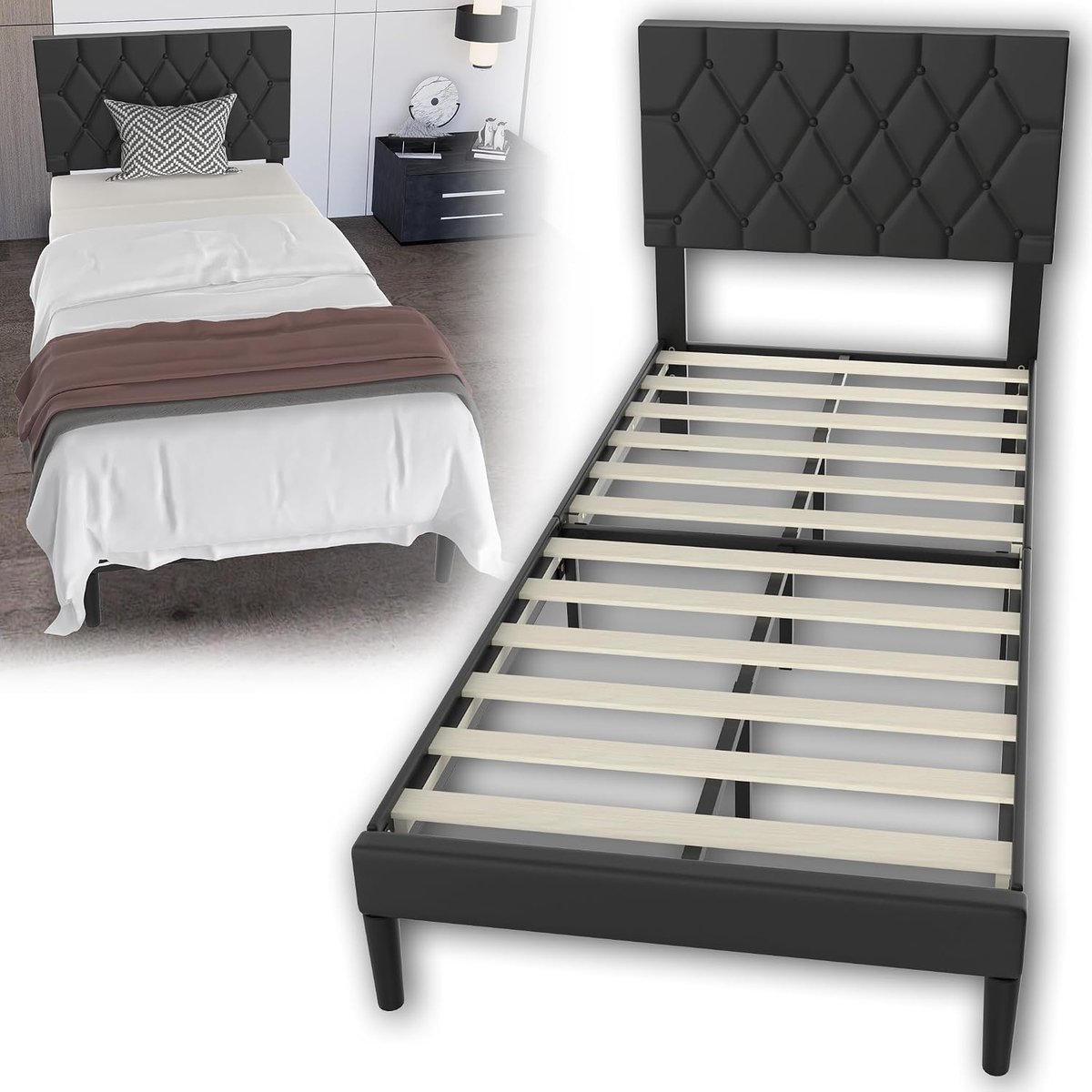Bed, bedframe met hoofdeinde van leer en lattenbodem, eenpersoonsbed, tweepersoonsbed, eenvoudige montage met installatiegereedschap, bedframe tot 300 kg, zwart, 90 x 200 cm