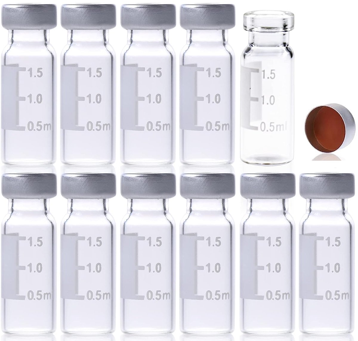 glazen fles met platte bodem, 11 mm brede opening, Crimp Top Vial 2 ml, Open Top Crimp Cap met transparant PTEF/natuurlijk rubber rood-oranje septa 1 mm dik. Kit verpakking 100 stks/pk
