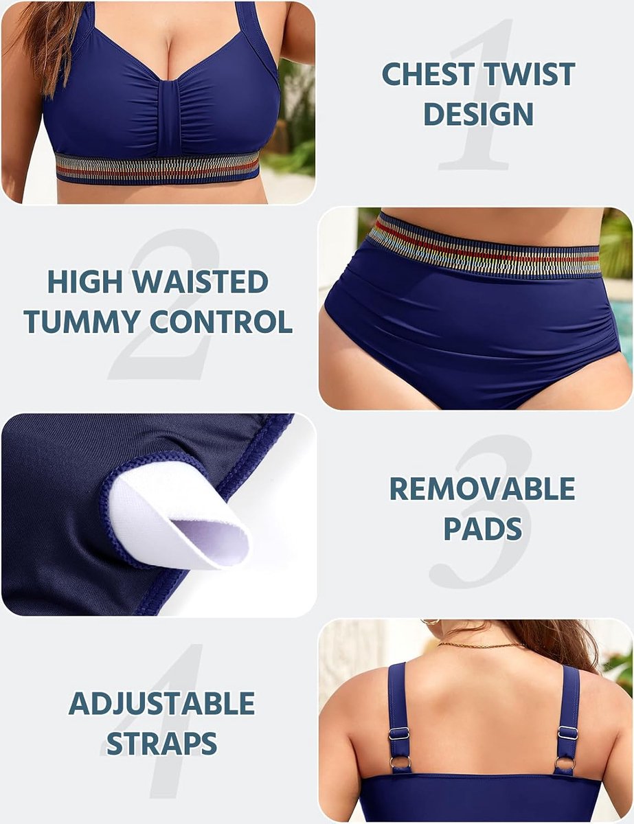 Bikiniset voor dames, grote maten, twist-kruis, push-up bovendeel, hoge taille, broek, buikweg-bedekkend, met verstelbare bandjes, badmode voor curvy strandmode
