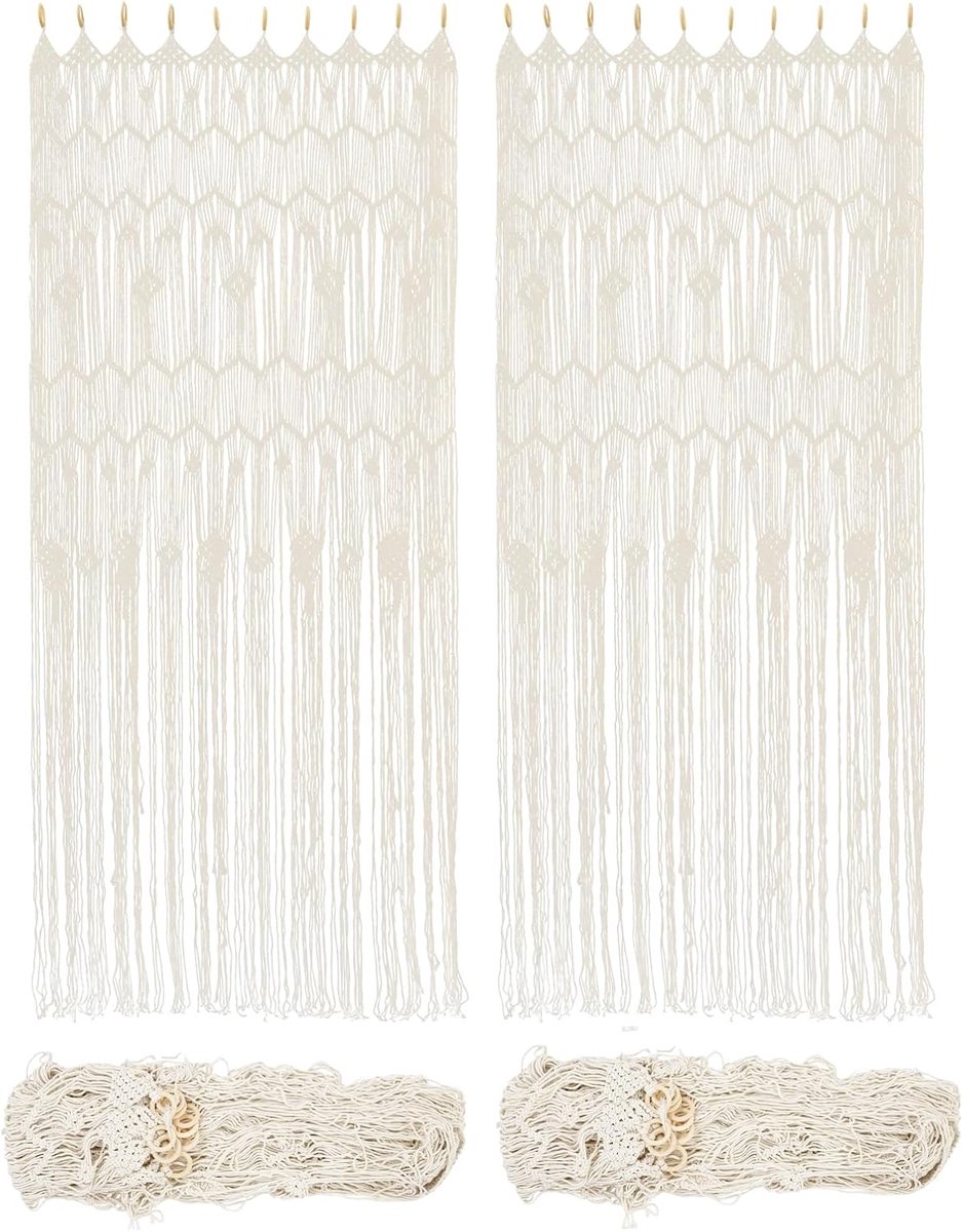Set van 2 witte gedeeltelijke deurgordijnen, Boheemse stijl, geweven gordijn, woondecoratie, raamgordijn, geweven gordijnset, handgeweven ruimteverdeler, voor woonkamer en slaapkamer