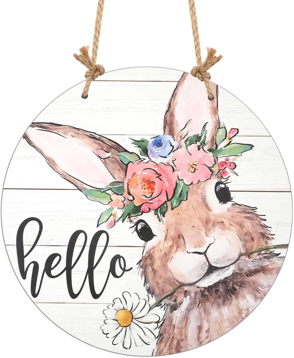Paasbord, 29 x 29cm Rond Bunny Welkomstbord Bloemen Konijnendeurhanger voor Pasen Lente Binnen Buiten Thuis Koffiehuis Rustiek Boerderij Voordeur Muur Decor
