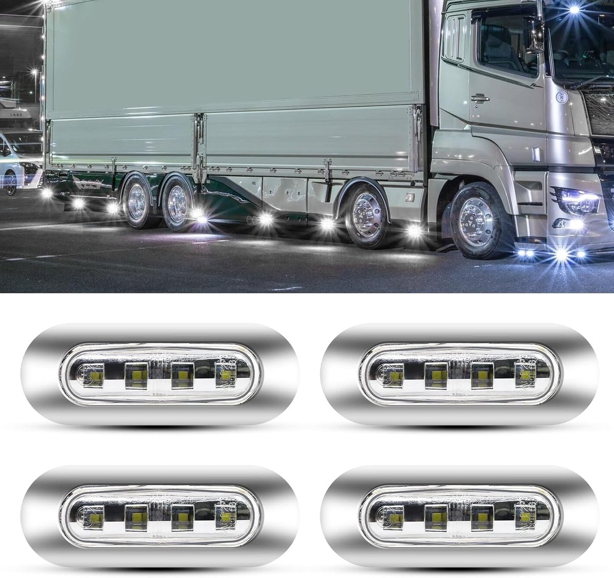 4-leds, 12 V/24 V, universeel, voor vrachtwagen, caravan, bus, boot, wit, 4 stuks