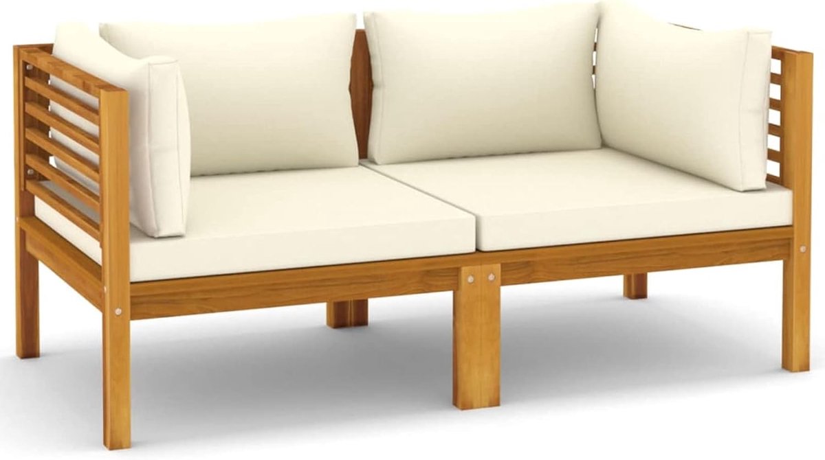 Massief tuinbank 2-zits met crème kussen hoekbank sofa lounge tuinset zitgroep tuinmeubelen