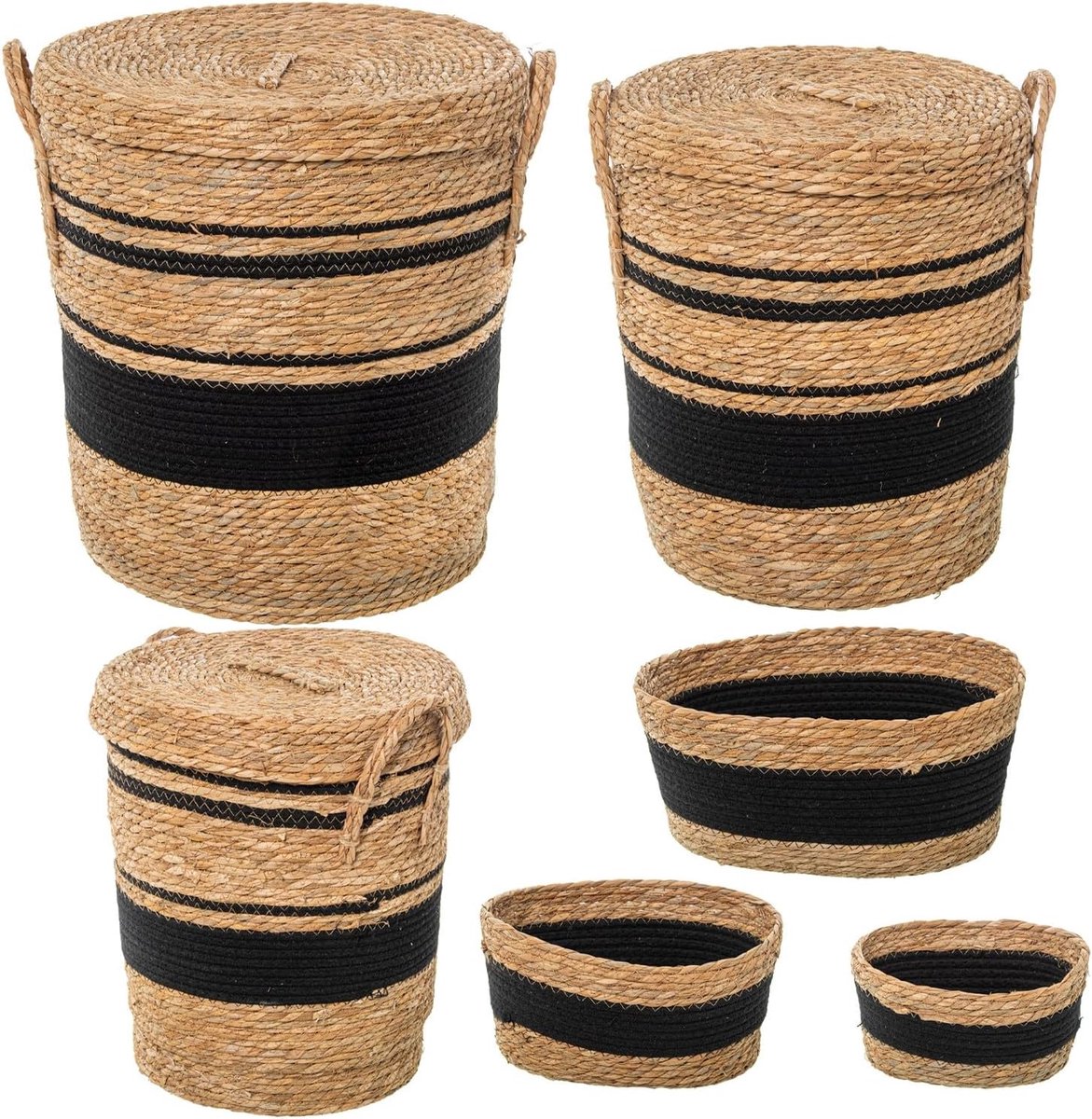 Set van 6 manden met deksel van zeegras en natuurlijk en zwart katoen, Ø 42 x 48 + Ø37 x 43 + Ø 32 x 38 + 33 x 23 x 16 cm