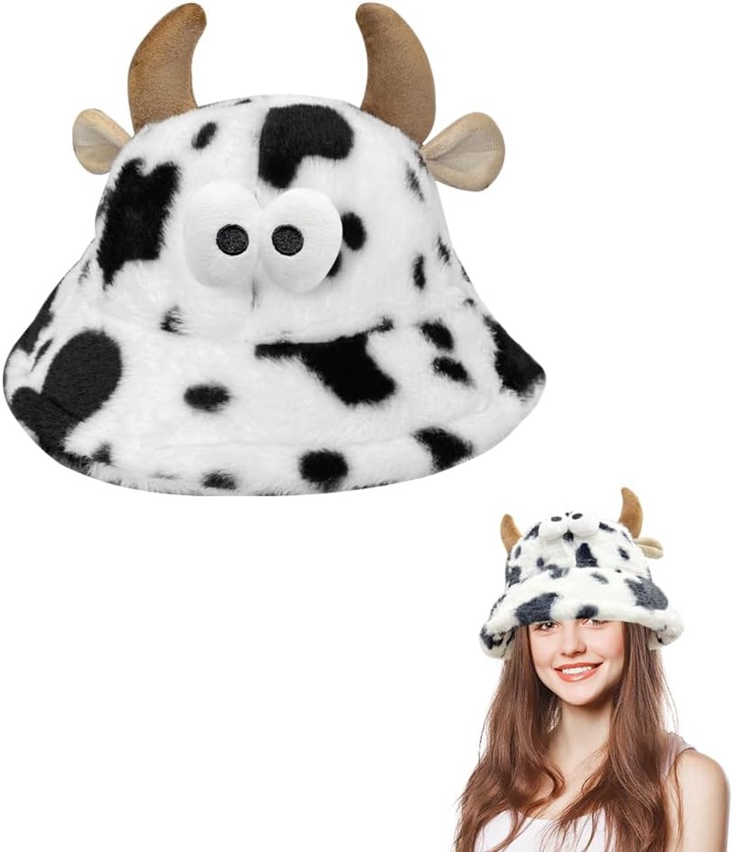Koeienhoed, koeienhoed met oren, grappige muts, winter pluche muts, geschikt voor de winter buiten, warm, carnaval, feestkostuum, rekwisieten, feestcadeau