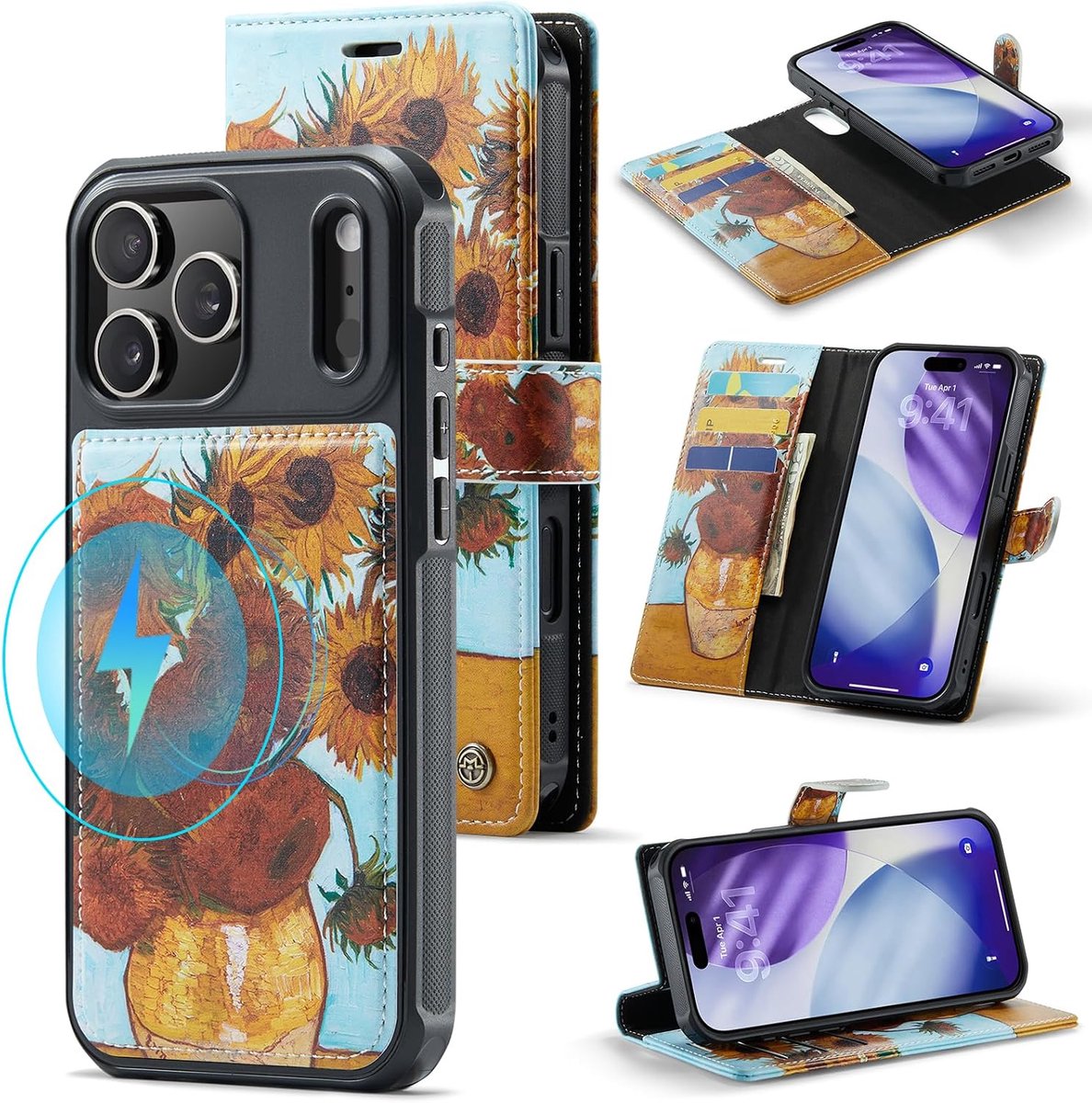 Compatibel met Apple iPhone 17 Pro Max, Zonnebloemen Print, Van Gogh, Compatibel met MagSafe, Kunstleer 2 in 1 Afneembare Bookcase, Telefoonhoesje met Kunst Print en Pasjeshouder