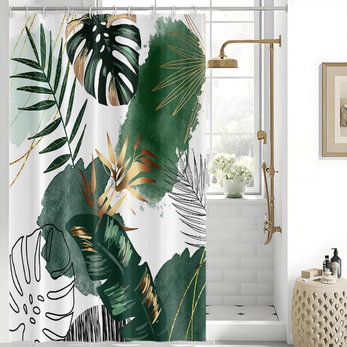 Douchegordijn, boho-stijl, groen, goud, palmbladeren, jungle, plant, douchegordijn, anti-schimmel, waterdicht, polyester stof, wasbaar, ondoorzichtig, badgordijn met 10 haken, 150 x 180 cm (b