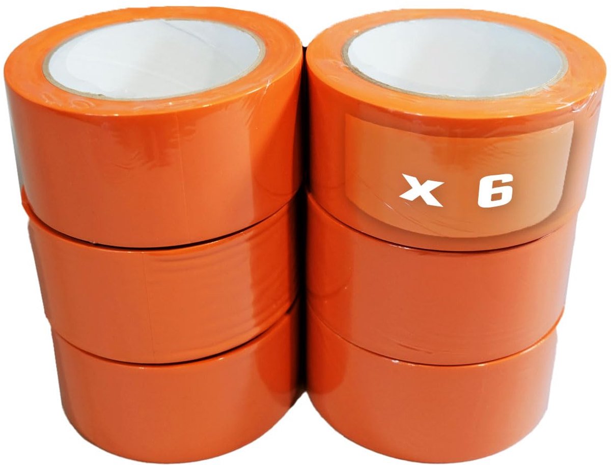 Set van 6 Bouw oranje PVC plakbanden 50 mm x 33 m - kleefrol TECPLAST