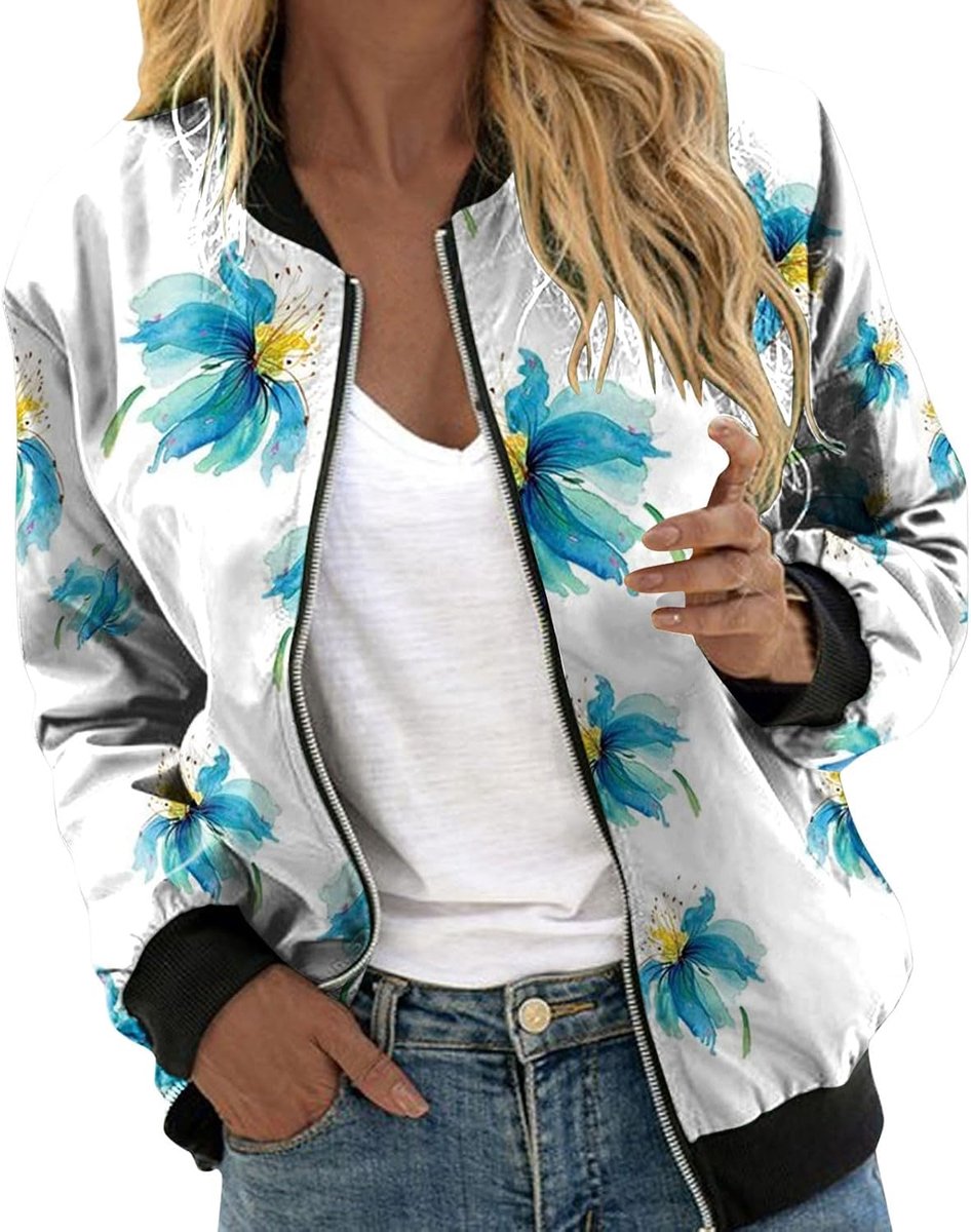Bomberjacke Damen Kurze Blouson Jacke Mit Reißverschluss Blumenmuster Leichte Sommerjacke Dünne Langarm Übergangsjacke Casual Bunte Fliegerjacke Frühling College Jacken Sweatjacke Frühlingsjacke