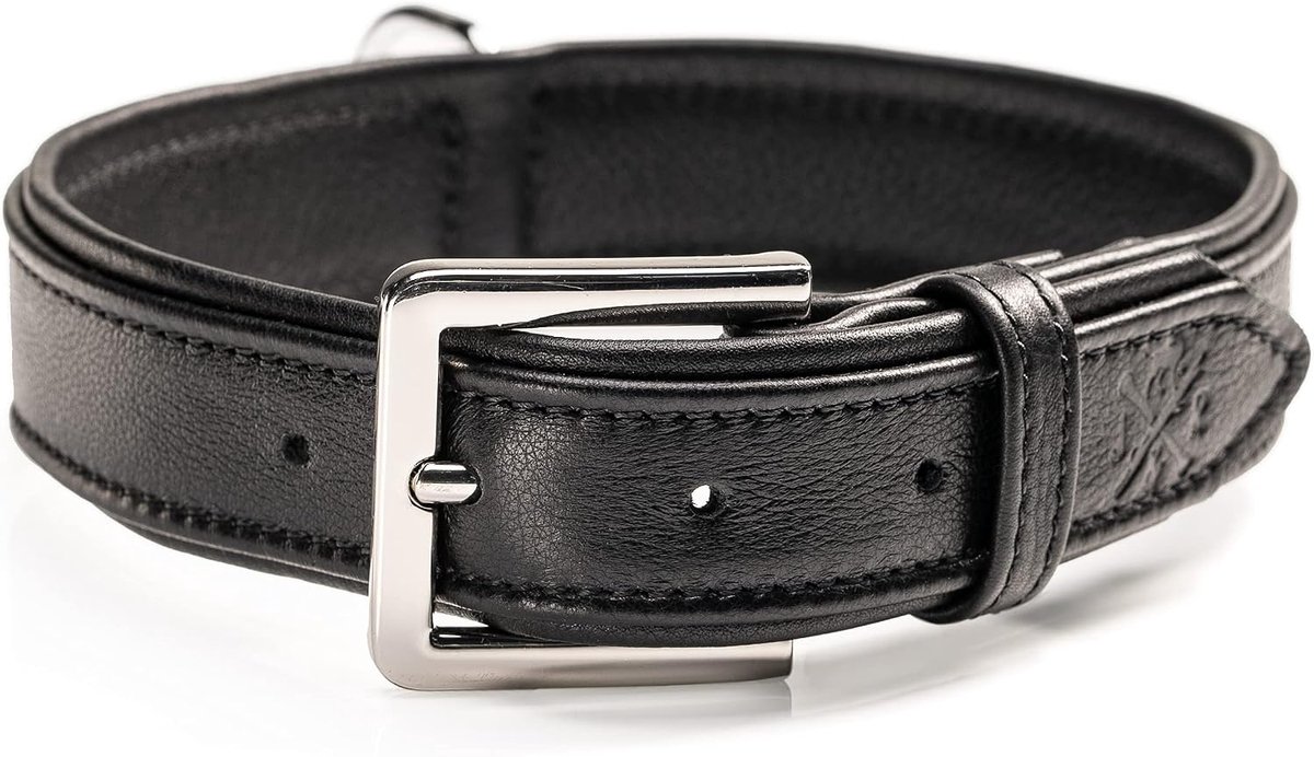 Premium lederen hondenhalsband, lederen halsband, kalfsleer, hondenhalsband, echt leer, Lilly (S, zwart)