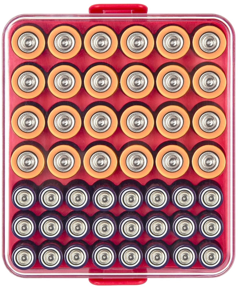 opbergkoffer, batterijVault Box Container voor 48 stuks AA AAA batterijen, kunststof transparante beschermende batterijhouder voor reizen, huis / kantoor (rood, M)