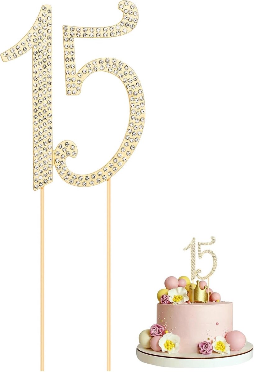 15 gouden verjaardagstaarttoppers, cijfer 15 legering kristallen steentjes taartdecoratie voor 15e verjaardag of 15e verjaardag feest