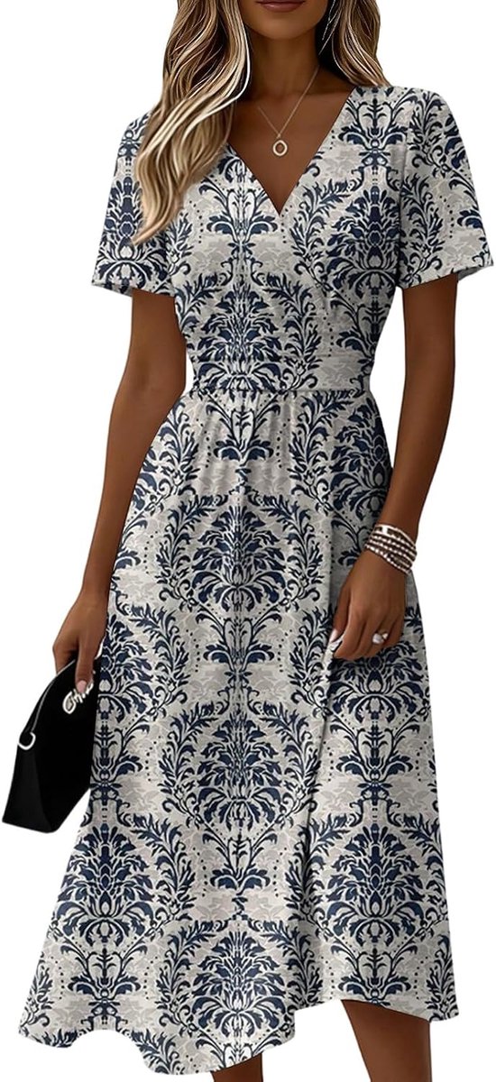 Kleider Damen Sommer Lang Tailliert Sommerkleid Damen Elegant Midi Kleid A Linie Festlich Curvy Sommerkleider Leicht Und Luftig Midikleid Frauen V Ausschnitt Kurzarm Strandkleid