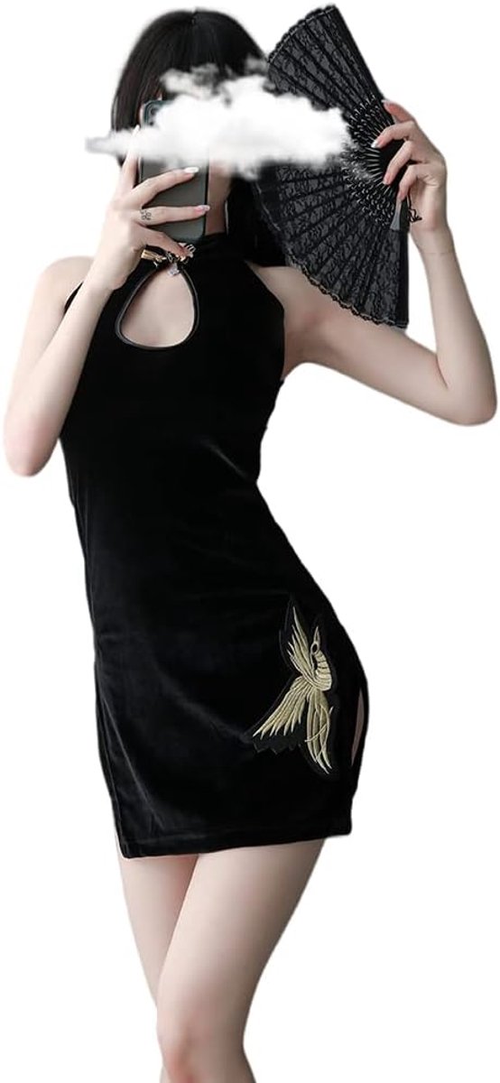Cheongsam Jurk Jurk Sexy Split Pyjama Vrouwen Chinese Shirt Jurk Zwart, Vogel, Eén Maat