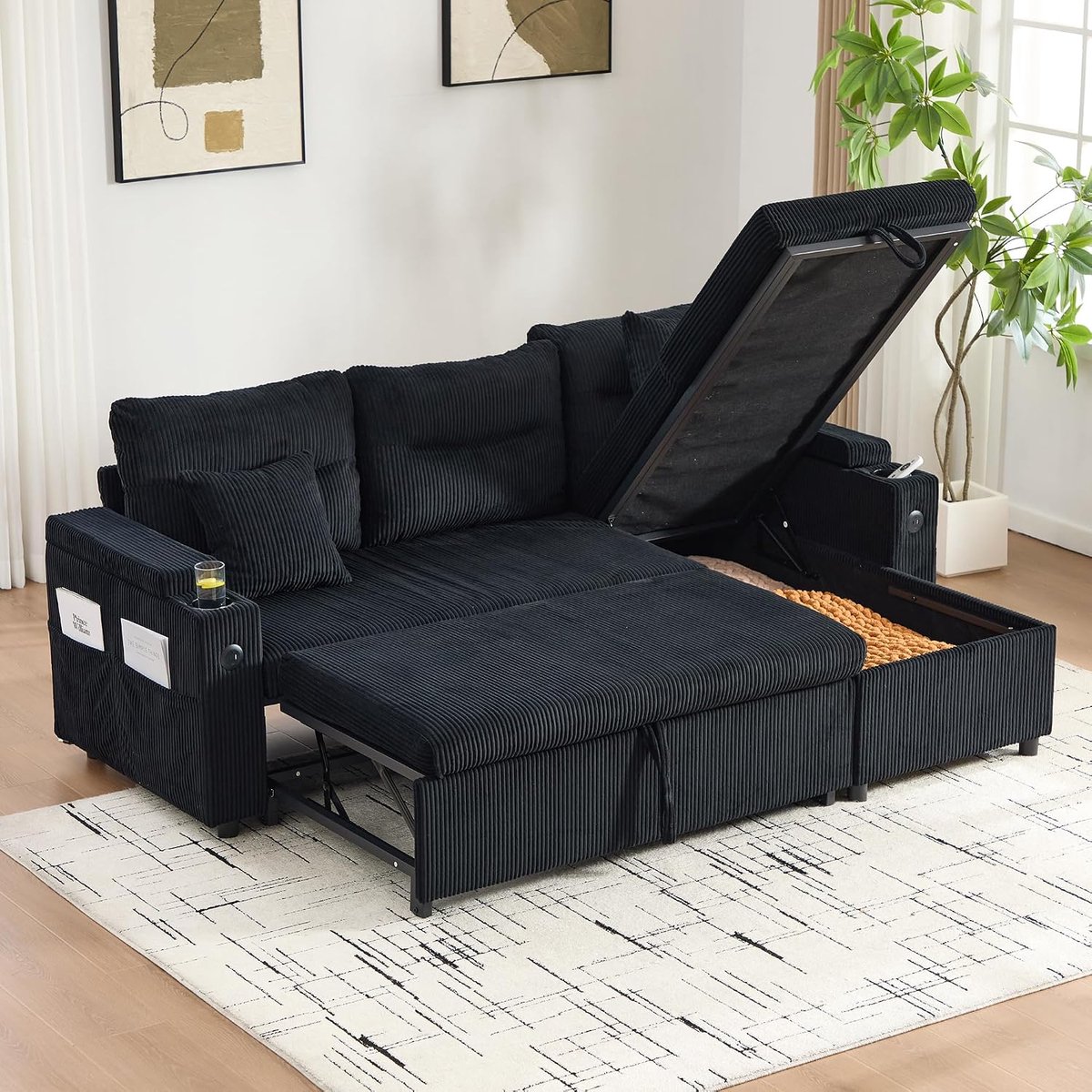 3-zits met opbergruimte, hoekbank met hydraulische chaise longue en ladebed, bank met USB-C en bekerhouders, moderne linnen bank voor de woonkamer (zwart, 3-zits)