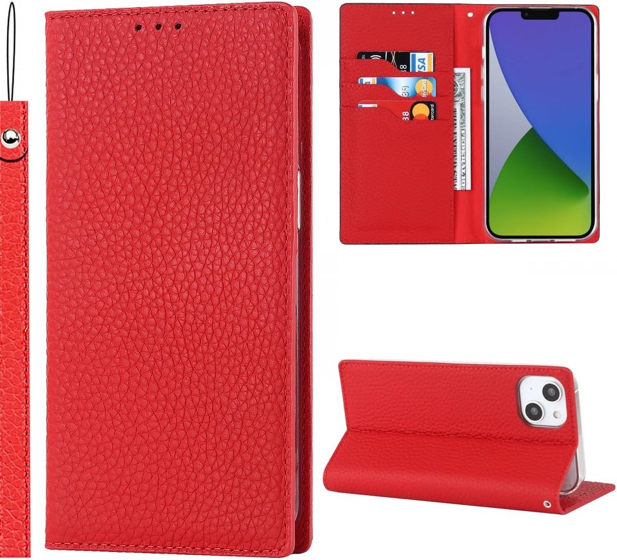 Telefoonhoesje compatibel met iPhone 15 Plus Hoesje Met Koord,Flip Portemonnee Leeren Hoesje van echt Leer,[4 Pasjeshouders][RFID-blokkering][Magnetisch],Telefoonhoes Hoesje - Rood