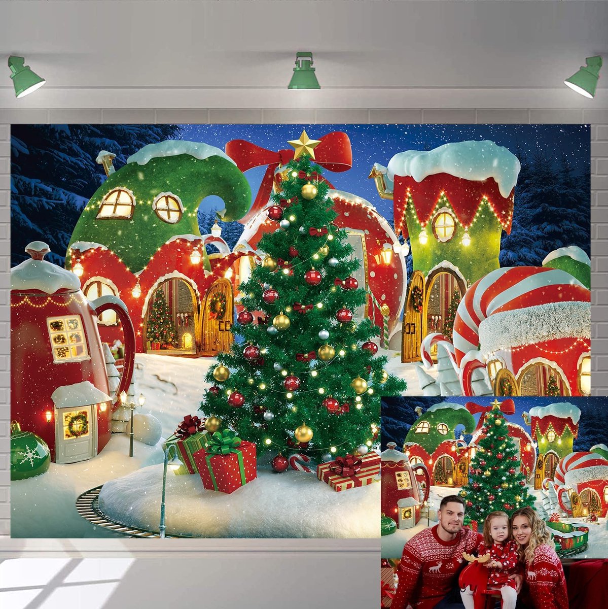 Kerstdorp fotografie achtergrond winter sneeuw dennenboom achtergrond kerst sprookje geanimeerde kinderfeest foto cabine banner benodigdheden (20 x 15 cm)