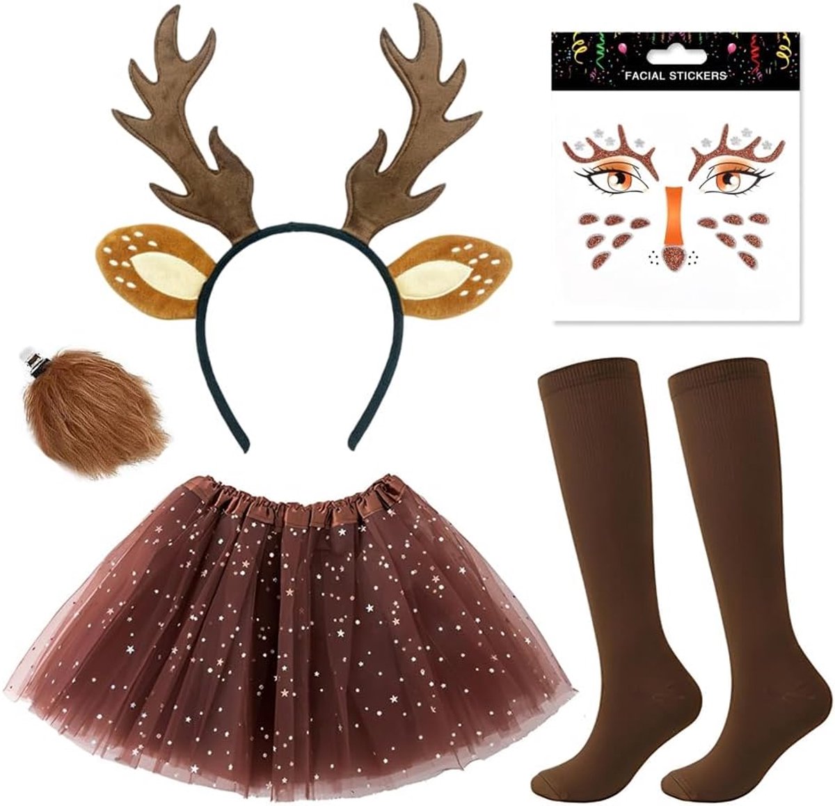 5 stuks, rendierhaarband voor dames, tule rok en sokken, tijdelijke tatoeages met rendierstaarten, kerstkostuum, dierenkostuum voor dames, Halloween, Kerstmis, cosplay