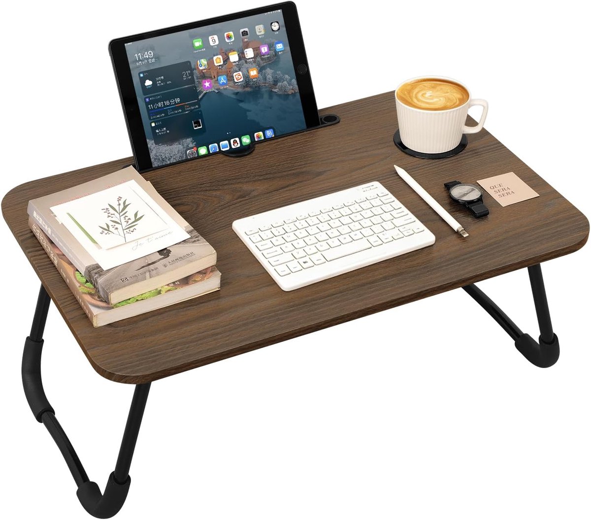 laptop bureau draagbare houten bed tafel lade met bekerhouder en tablet sleuf opvouwbare laptop sofa bank vloer bureau voor lezen schrijven, eten, films kijken rustiek bruin