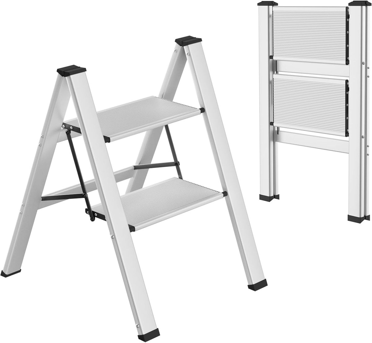 2-staps aluminium vouwladder, antislip draagbare thuisladder, maximale belasting 150 kg, voor keuken, thuis, kantoor, doe-het-zelf schilderen (zilver)