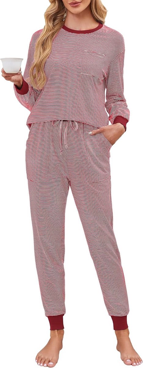 Pyjama dames lange katoenen tweedelige pyjama strepen nachtkleding met zakken
