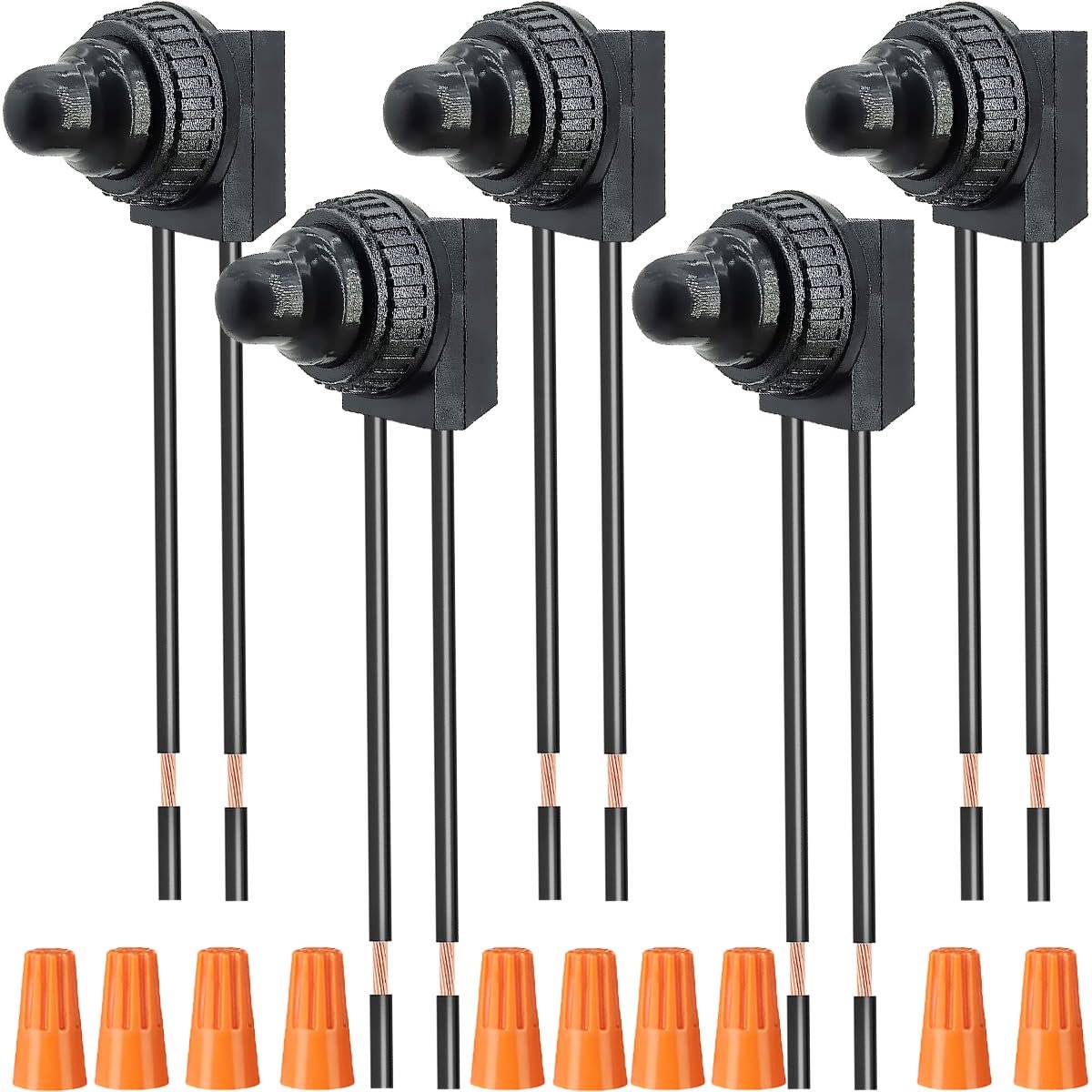 5 stuks 12 V zelfvergrendelende drukknop-schakelaar, waterdichte drukknopschakelaar met bedraddoppen, voor motorfiets/auto, badkamer (zwart)