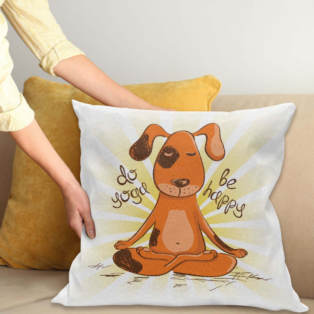 ABAKUHAUS Cartoon Sierkussenhoes, Do Yoga Be Vrolijk Cartoon Rood Dog Sitting op Lotus Position van Yoga Fun, Decoratieve Vierkante Sierkussenhoes, 40 x 40 cm, Oranje Geel