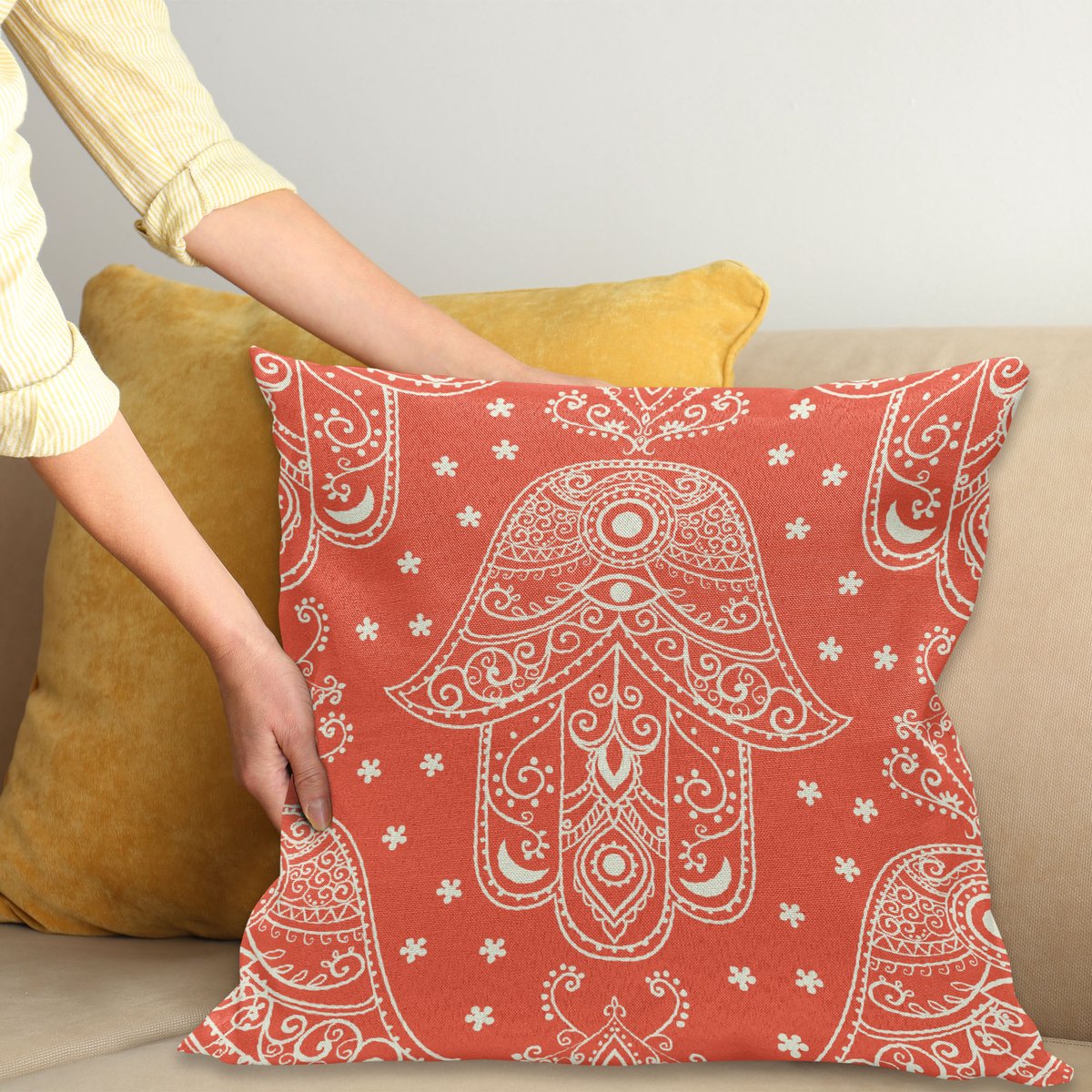 ABAKUHAUS Hamsa Sierkussenhoes, Egyptian Boho Hamsa Hand Patroon met Oog Ontwerp Bridal Nacht Geïnspireerd Kunst, Decoratieve Vierkante Sierkussenhoes, 40 x 40 cm, Wit Koraal