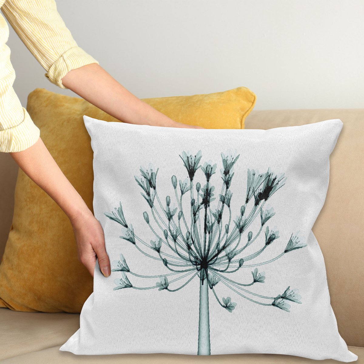 ABAKUHAUS Bloem Sierkussenhoes, X-ray Afbeelding van een Bloemen Boom op Unusual Look into de Complex Structures van Bloemen, Decoratieve Vierkante Sierkussenhoes, 40 x 40 cm, Wit Teal