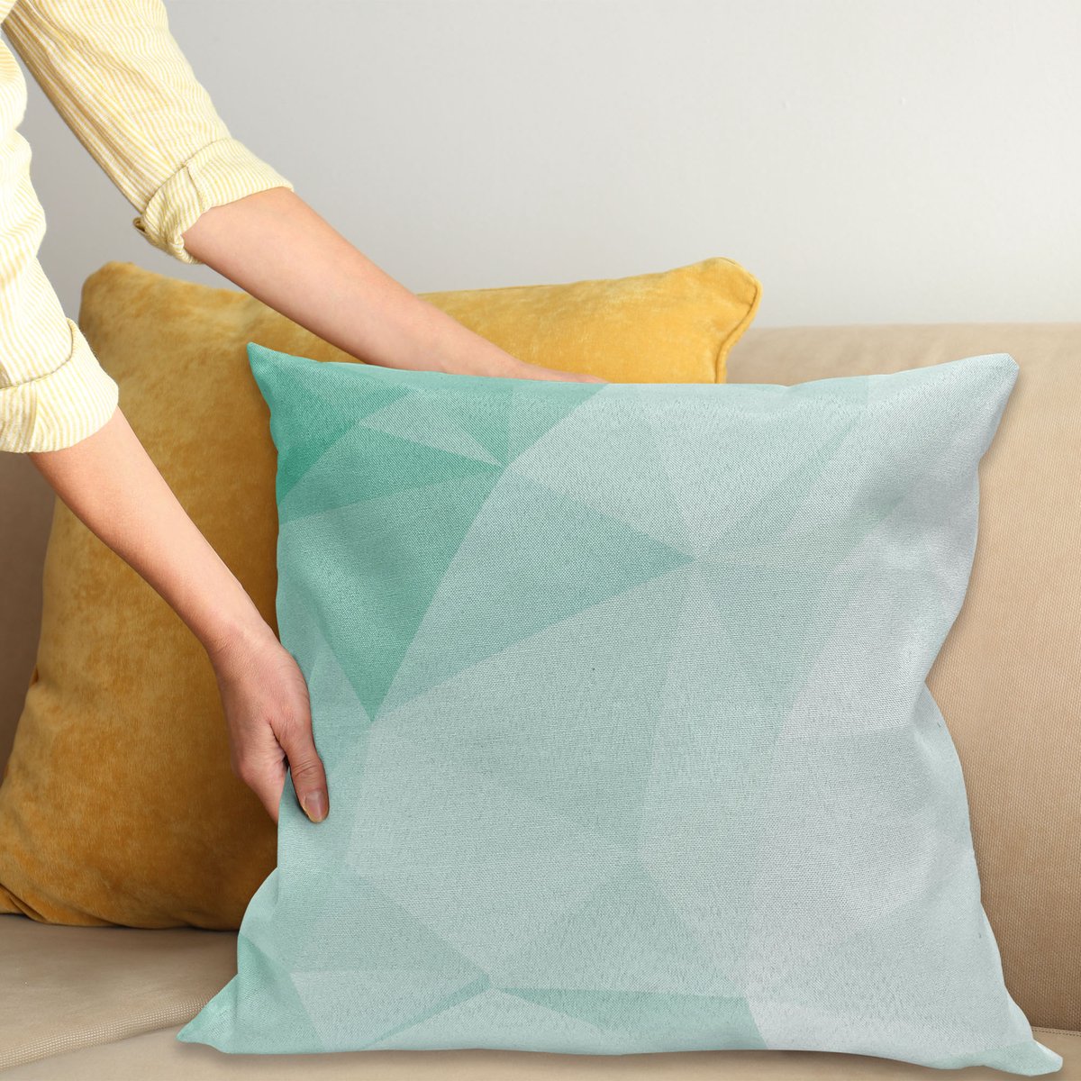 ABAKUHAUS Mint Sierkussenhoes, Polygonal Geometrisch Stijl Psychedelic Abstract Shady Digital Grafisch Ontwerp, Decoratieve Vierkante Sierkussenhoes, 50 x 50 cm, Turquoise Zeegroen