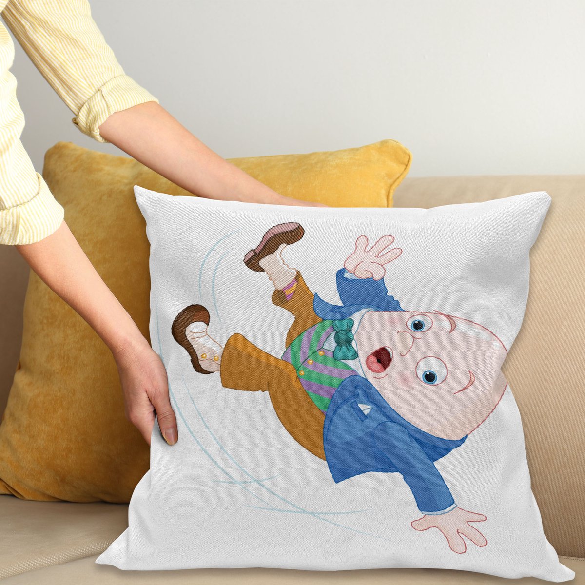 ABAKUHAUS Alice in Wonderland Sierkussenhoes, Humpty Dumpty Egg Falling Down from een Muur Transformation een Cartoon Stijl van Kunst, Decoratieve Vierkante Sierkussenhoes, 45 x 45 cm, Blauw Bruin