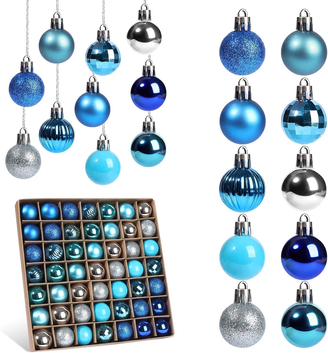 Kerstballenset, 49 stuks mini kerstballen rood wit groen blauw 3 cm, kunststof kerstballen klein, kerstboomversiering schokbestendig, set kerstboomballen