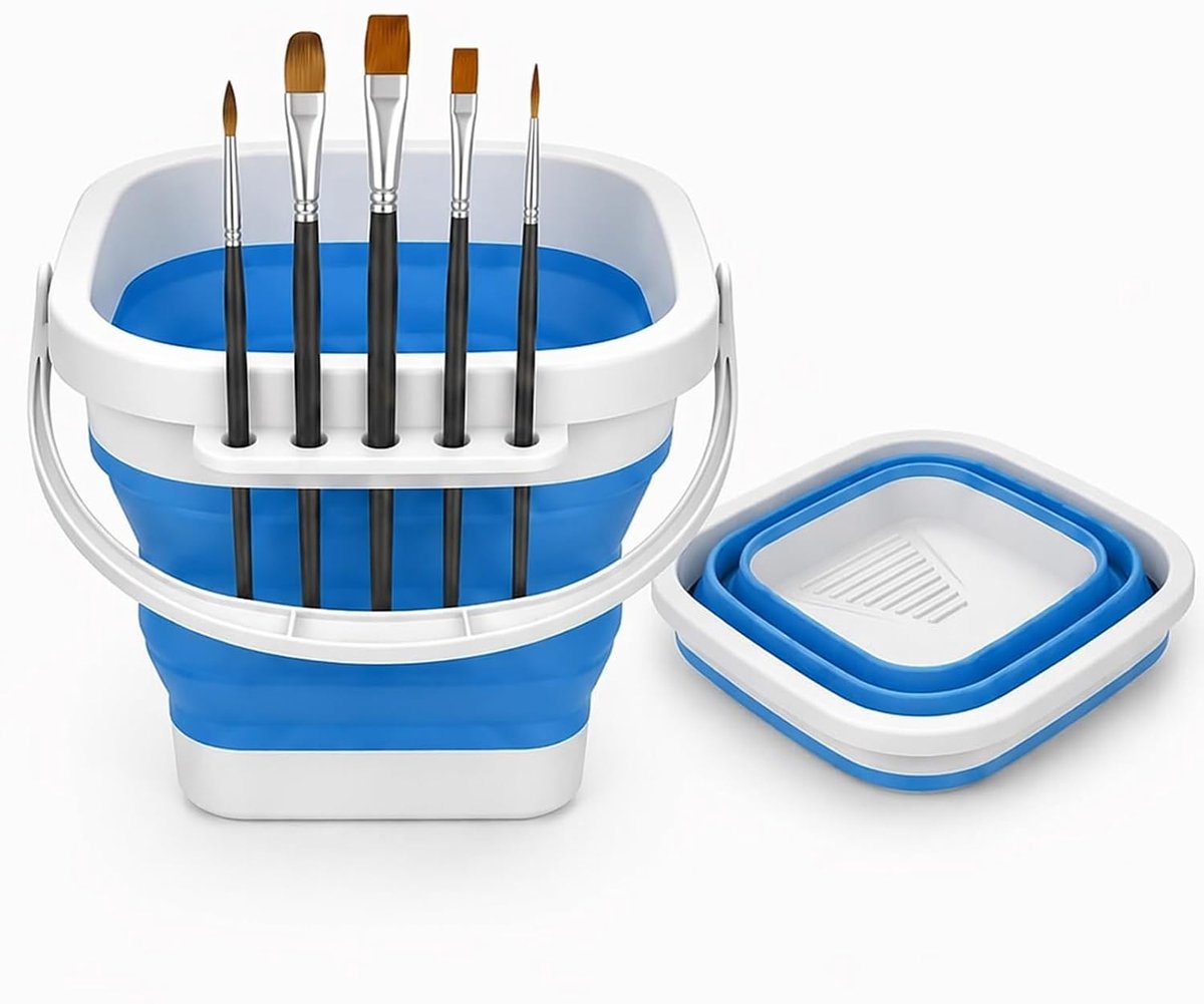 Penseelbeker, opvouwbaar, waterbeker voor schoolpenselen, ideaal voor kunstonderwijs, kalligrafie thuis of voor tekenen buitenshuis, blauw, 1 stuk