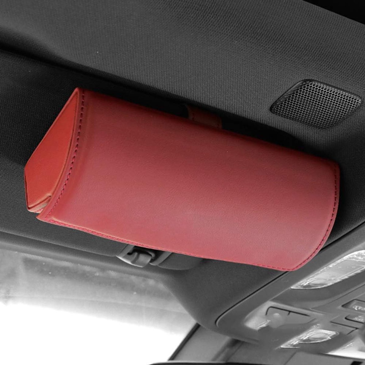 Ontto Brillenhouder voor de auto, zonneklep, universeel PU-leer, autozonnebril, brillenetui, opbergdoos, organizer met magnetische functie, interieuraccessoires voor auto, SUV RV vrachtwagen (rood)
