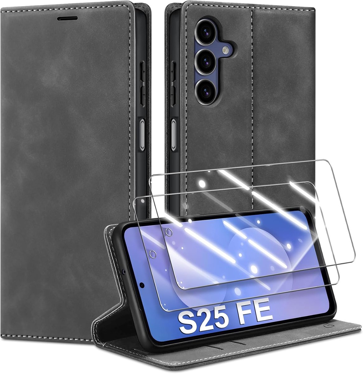 Hoes voor mobiele telefoon voor Samsung Galaxy S25 FE 5G, hoes en 2 beschermfolies, premium leer, inklapbaar, flip wallet case, met magneetsluiting, kaartenvak en standfunctie, beschermhoes