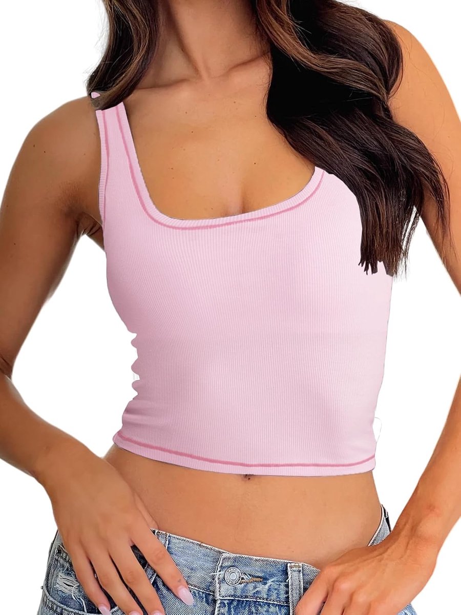Geribde tanktop voor dames, gewatteerde sporttop, crop-top met vierkante hals, getailleerde basic cami-top