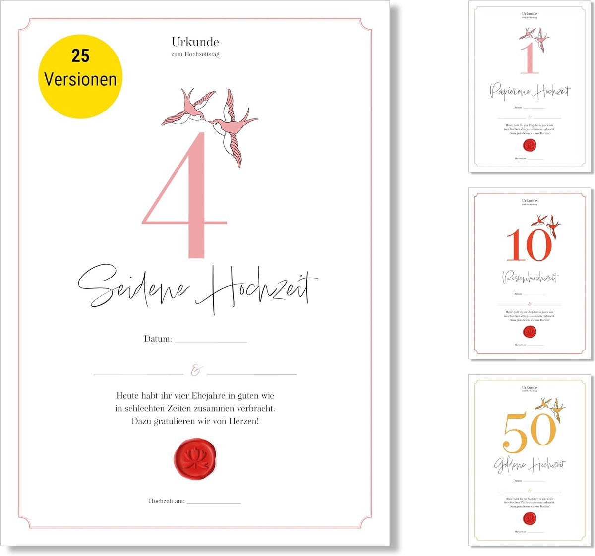 Cadeau voor de 4e huwelijksdag | huwelijksjubileum | zijden bruiloft | certificaat trouwdag | klassiek | cadeau-ideeën trouwdag | voordruk in DIN A4-formaat