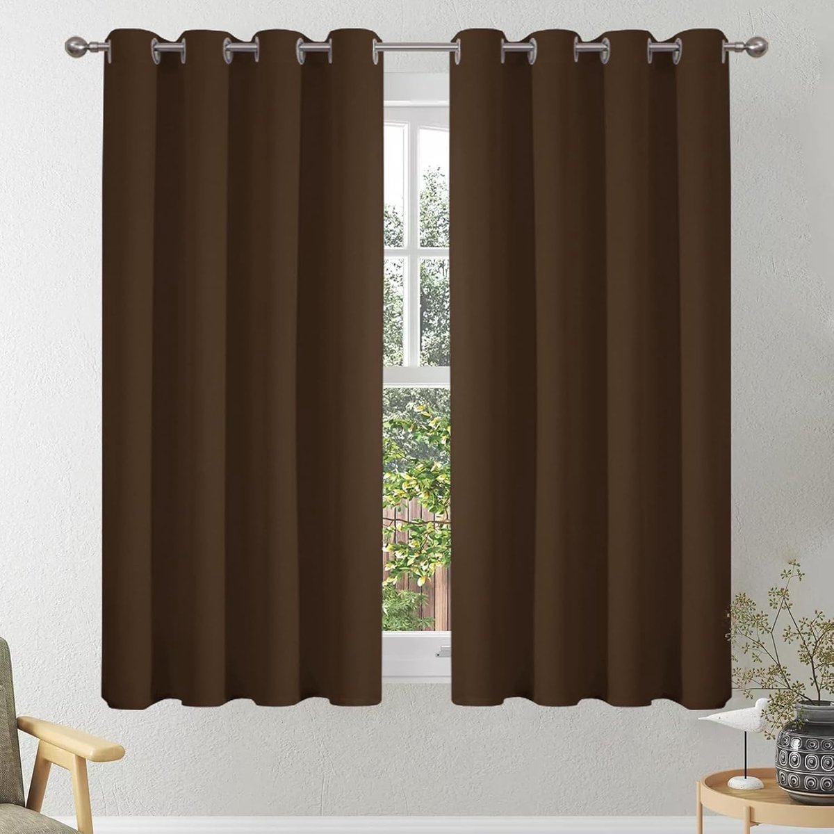Gordijnen voor woonkamer, thermogordijn tegen kou, overgordijnen, set van 2 gordijnen, slaapkamer met ringen, verduisteringsgordijn, ondoorzichtig, kort, raam, keuken, 114 x 117 cm (h x b