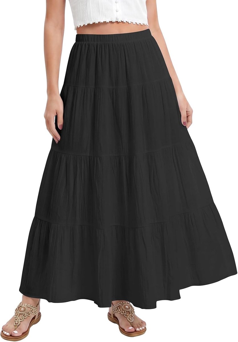 Maxirok voor dames, lange rok, gevoerde zomerrok, lange strandrok, hoge taille, stretch, plissé, midirok, boho-rok, traprok, wikkelrok, rokken met elastiek