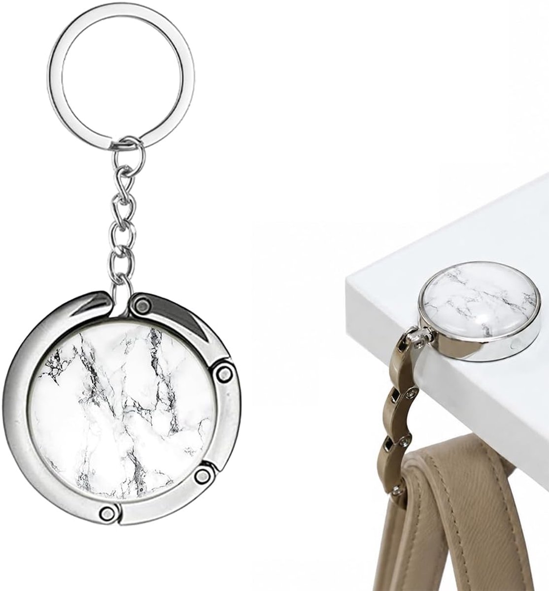 Draagbare versie met sleutelhanger, opvouwbaar, antislip, voor bureau, restaurant, voor het ophangen van handtassen, handtassen, gebruiksvoorwerpen, leuk cadeau (wit)
