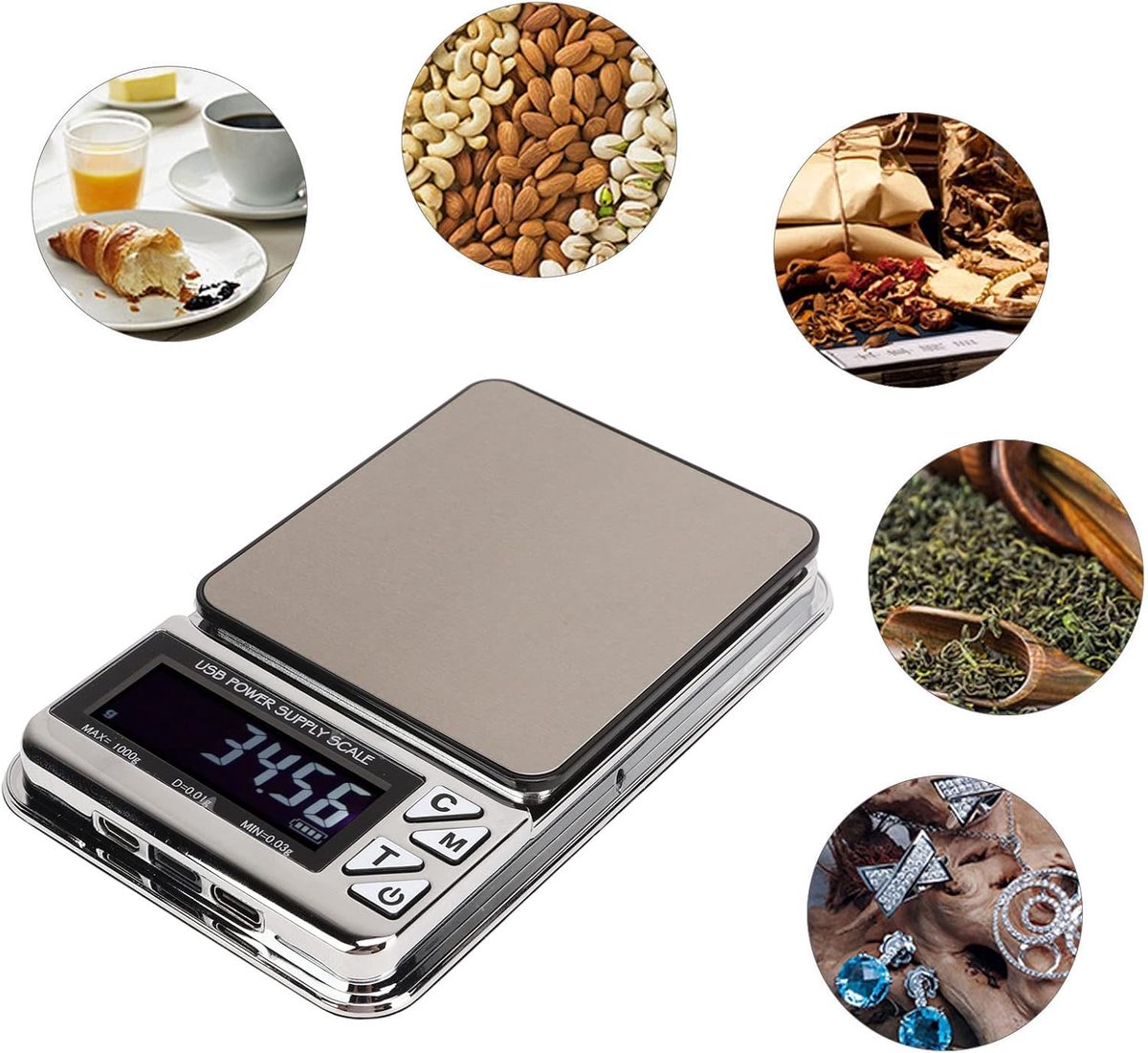 Digitale keukenweegschaal, 1 kg, 0,01 g, hoge precisie, kleine zakweegschaal, mini-draagbare USB-oplaadbare elektrische voedselweegschaal met 7 eenheden, conversie voor koken, bakken, sieraden